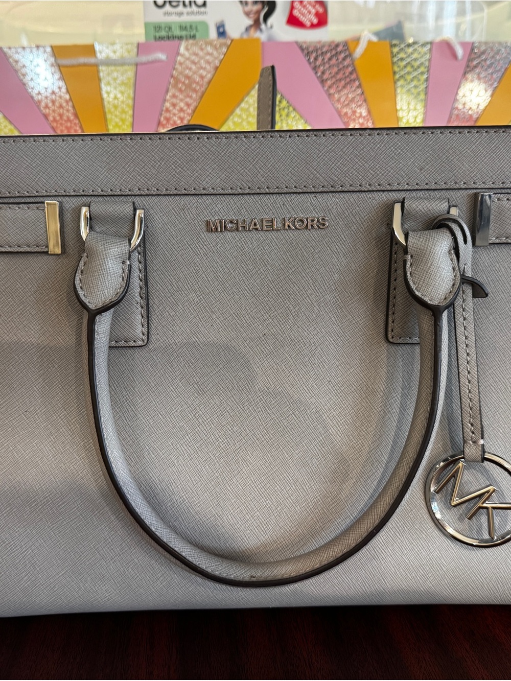 Michael Kors Light Gray Saffiano Leather Satchel with MK Charm